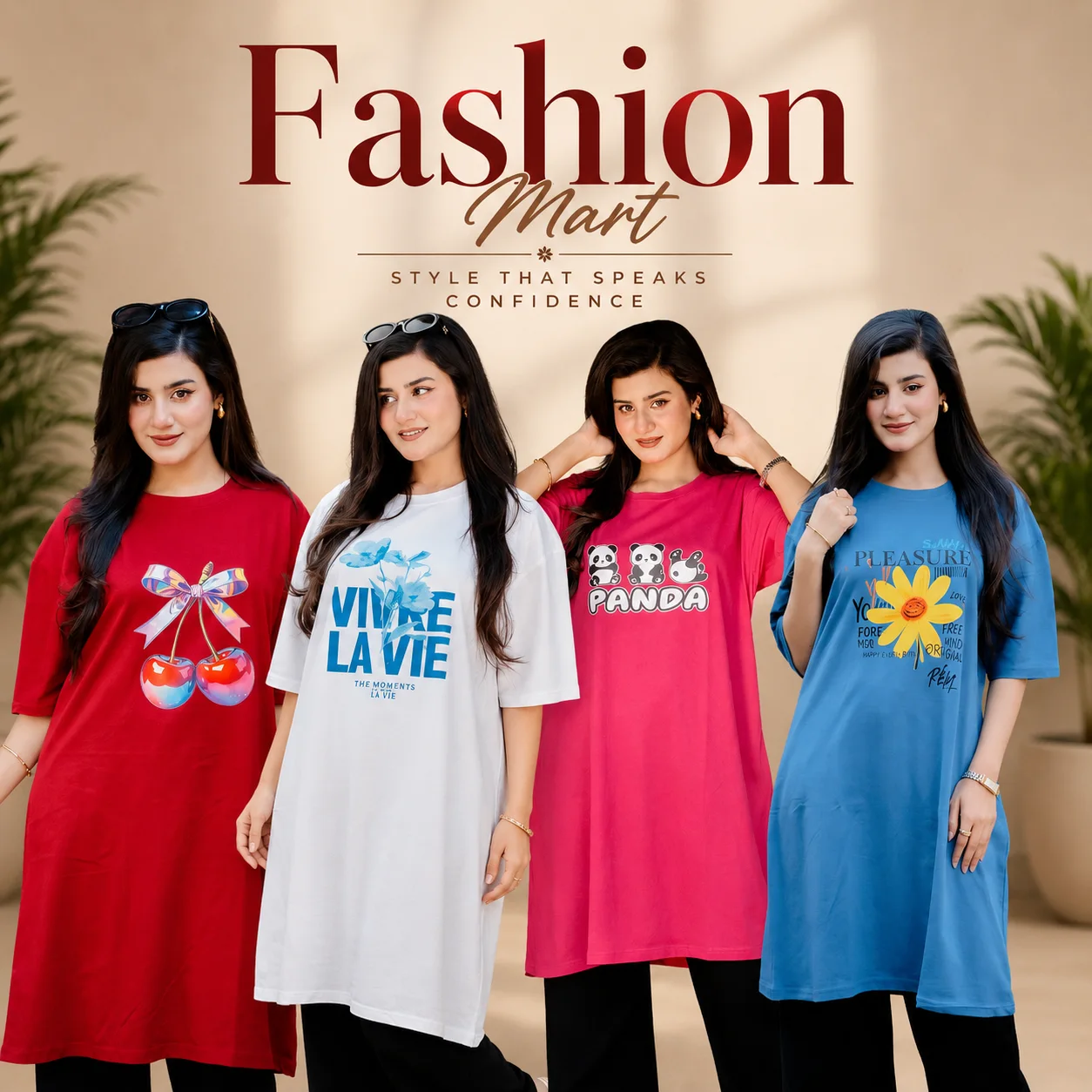 ৪ পিস লেডিস লং টি-শার্ট কম্বো ১১৯৯ টাকা (Style-Cheery Merun // VIVRE White // Panda Megenta // Pleas