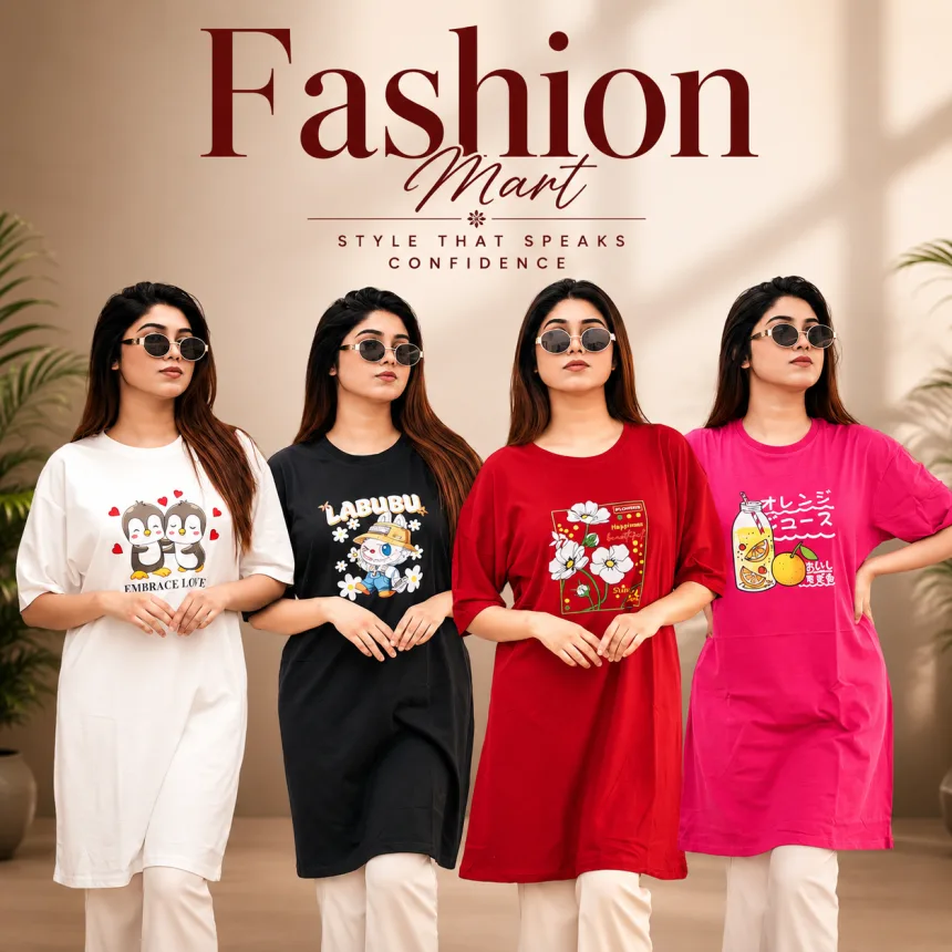 ৪ পিস লেডিস লং টি-শার্ট কম্বো ১১৯৯ টাকা (Style-Orange Juice Megenta // Embrance White // Labubu Blac